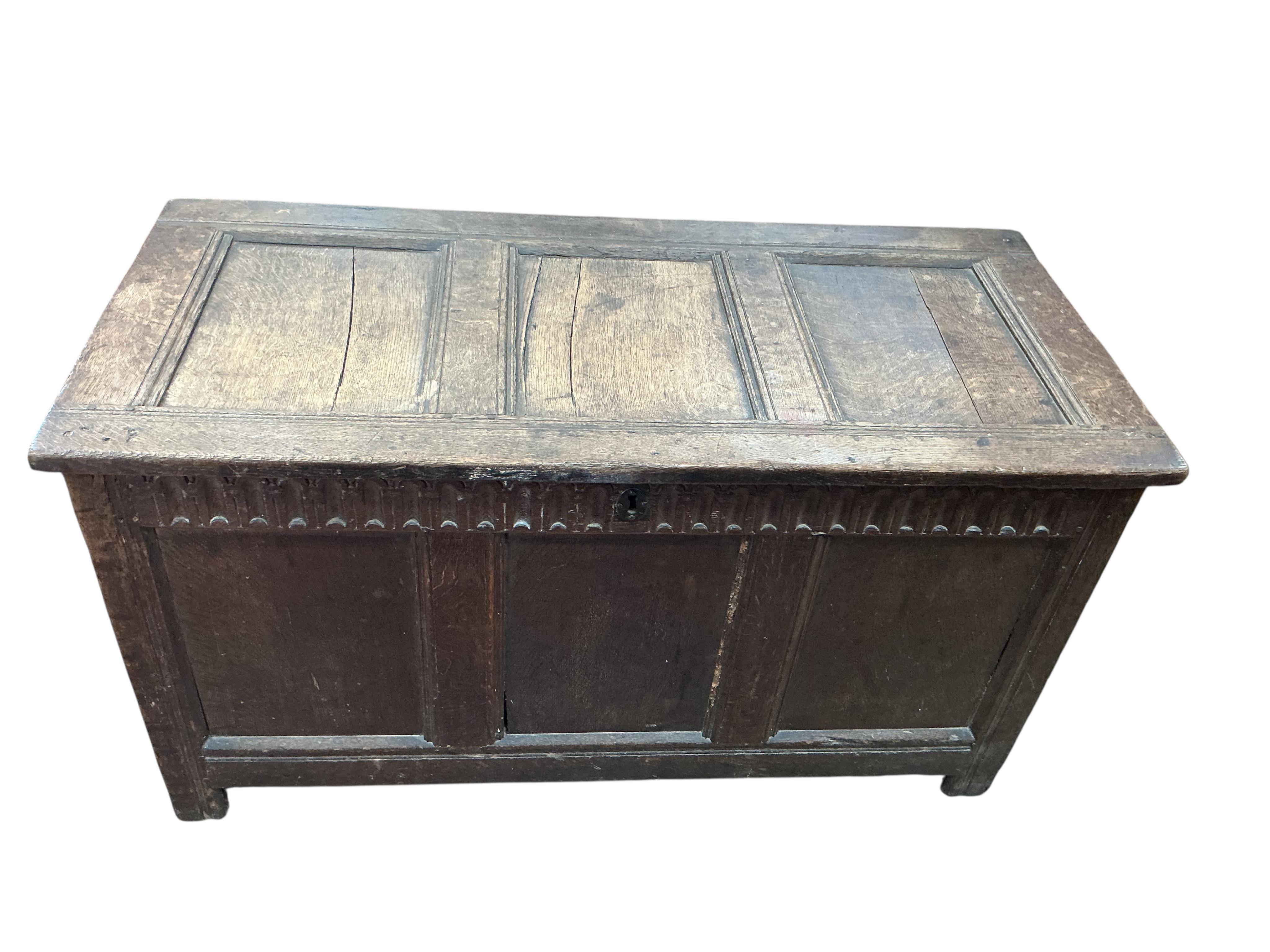 An 18th century panelled oak coffer, width 117cm, depth 54cm, height 64cm